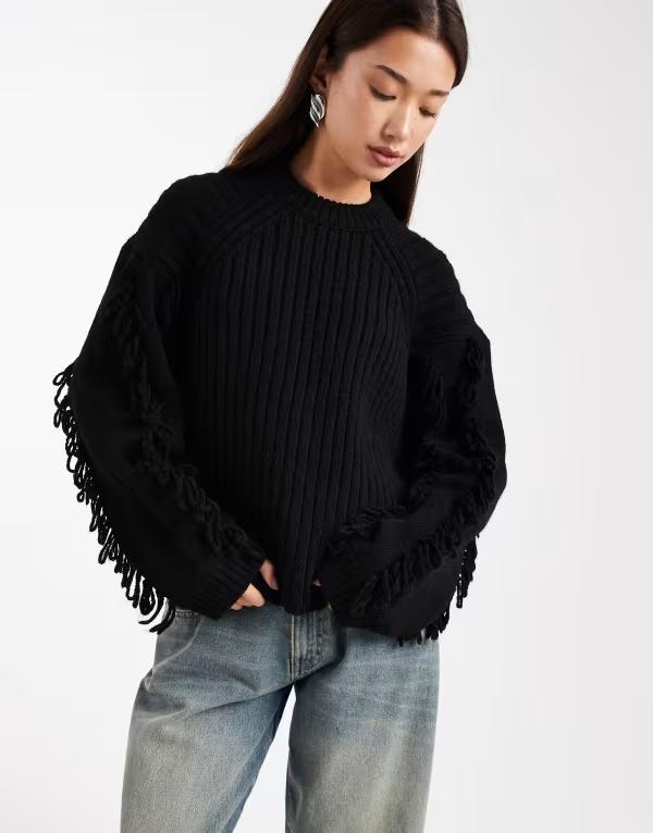 エイソス レディース アウター ニット・セーター リブ フリンジ ASOS DESIGN ribbed sweater with fringe sleeve trim Black ブラック