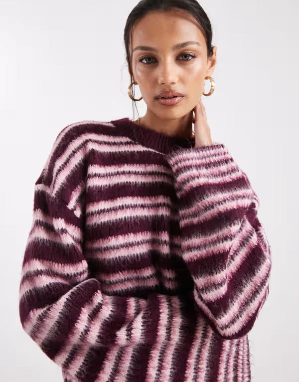 エイソス レディース アウター ニット・セーター ASOS DESIGN knit sweater in plum brushed stripes Plum/pink ピンク