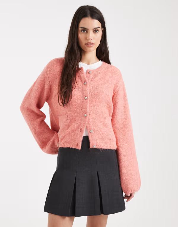 目的語 レディース アウター ジレー 編み物 Object slouchy knit cardigan with pocket detail インチ living coralantana コーラル