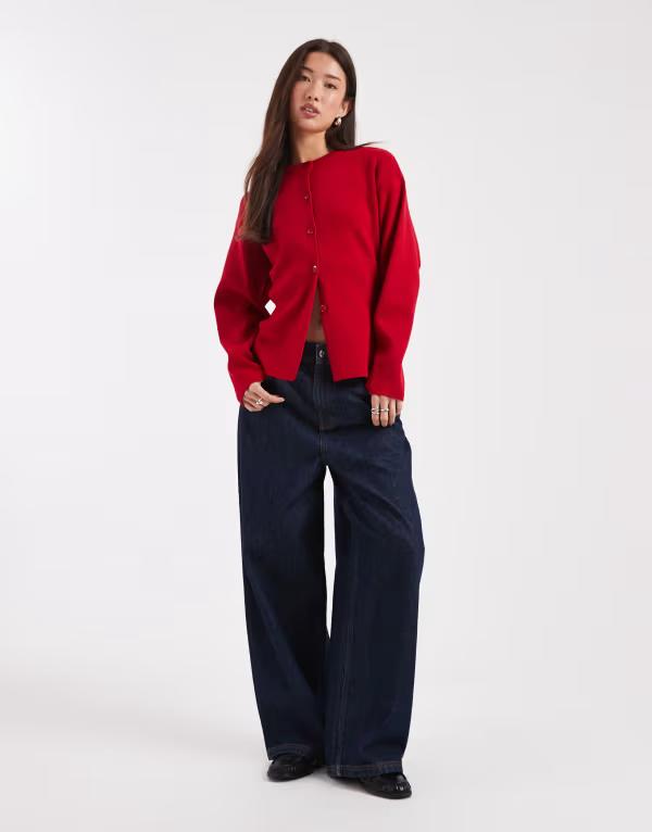 エイソス レディース アウター カーディガン クルーネック ニット ASOS DESIGN knit structured crew neck cardigan Red レッド
