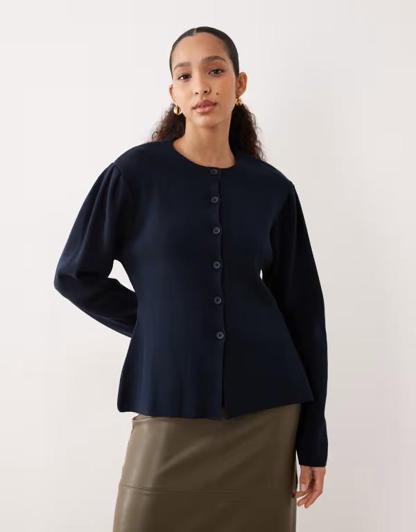 エイソス レディース アウター カーディガン ニット ASOS DESIGN structured knit nipped waist puff sleeve cardiganavy ネイビー