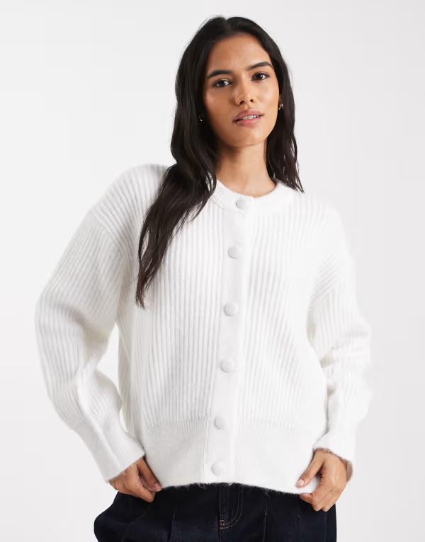 エイソス レディース アウター カーディガン クルーネック リブ ASOS DESIGN ribbed boxy crew neck cardigan with side split detail in cream クリーム