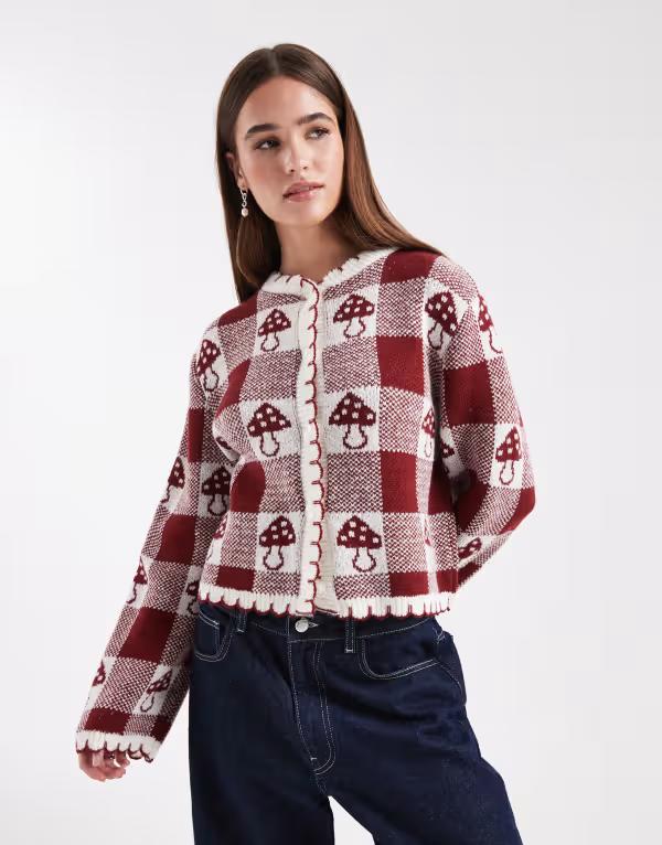 ミスセルフフリッジ レディース アウター カーディガン Misselfridge blanket stitching cardigan with novelty mushroom pattern Burgundy バーガンディ