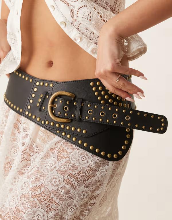 エイソス レディース アクセサリー ベルト ASOS DESIGN lowaist wide belt with studs Black ブラック