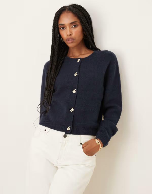 ブレーブソウル レディース アウター カーディガン クルーネック コントラスト Brave Soul crew neck cardigan with contrast buttons NAVY ネイビー