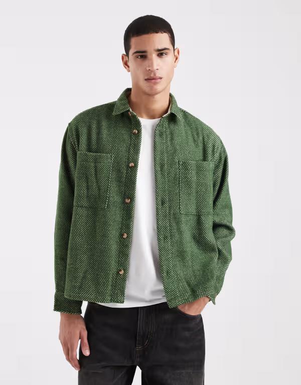 エイソス メンズ トップス シャツ ウール ASOS DESIGN boxy oversized wool blend herringbone shirt GREEN グリーン
