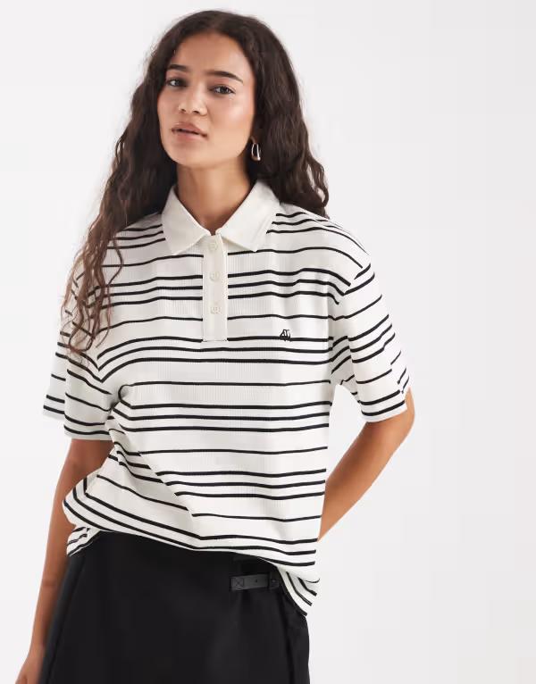 フォース&レックレス レディース トップス Tシャツ コットン 刺繍 ロゴ 4th & Reckless cotton rugby stylembroidered logo t-shirt in cream stripes Cream stripe クリーム