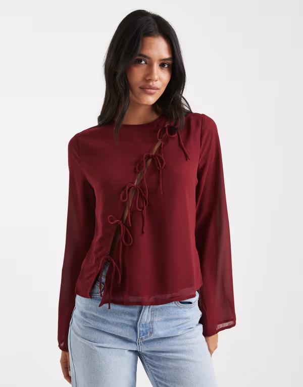 オンリー レディース トップス Tシャツ タイディテール アシンメトリー ONLY asymmetric tie detail top Burgundy バーガンディ