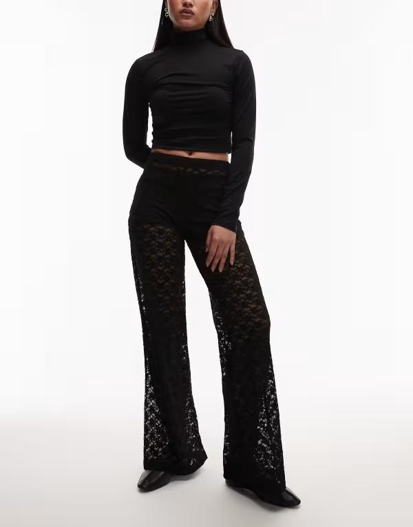 エイソス レディース ボトムス カジュアルパンツ ワイドレッグ シアー レース ASOS DESIGN lace sheer wide leg pants Black ブラック｜ReVida 店 10,836円