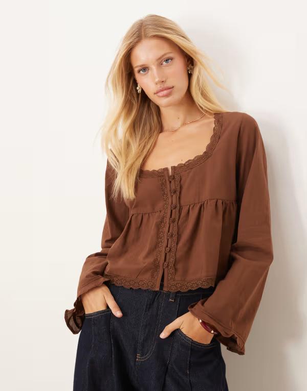 エイソス レディース トップス シャツ レーストリム ブラウス レース ASOS DESIGN lace trim babydoll blouse in chocolate チョコレート