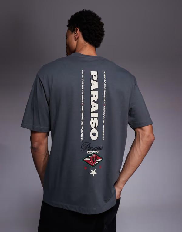 エイソス メンズ トップス Tシャツ グラフィック ASOS DESIGN relaxed t-shirt with text and emblem spine graphics in dark shadow グレー