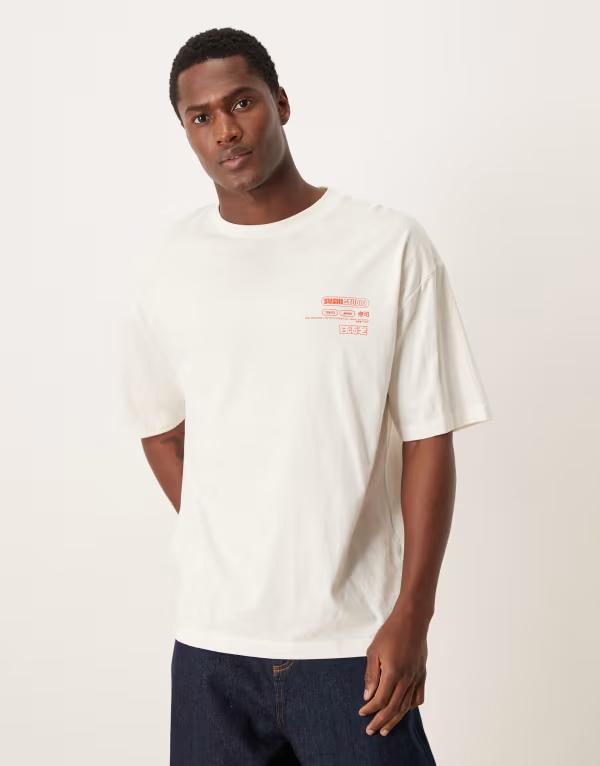 エイソス メンズ トップス Tシャツ グラフィック ASOS DESIGN oversized t-shirt with sushi studio graphics Coconut milk ホワイト