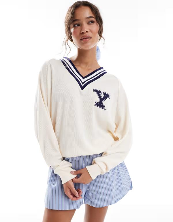 コットンオン レディース アウター パーカー・スウェット Vネック セーター ニット Cotton sleep waffle knit v-neck sweater in heather Gray Marle グレー