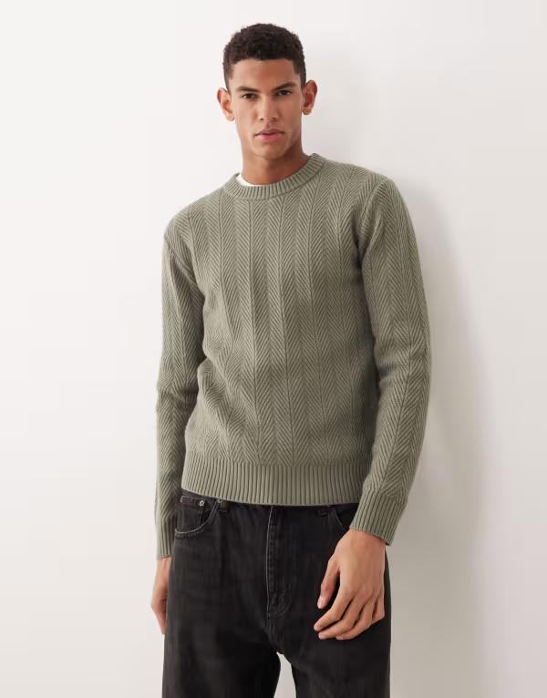 マンゴ メンズ アウター ニット・セーター Mango textured knit sweater in sage GREEN グリーン