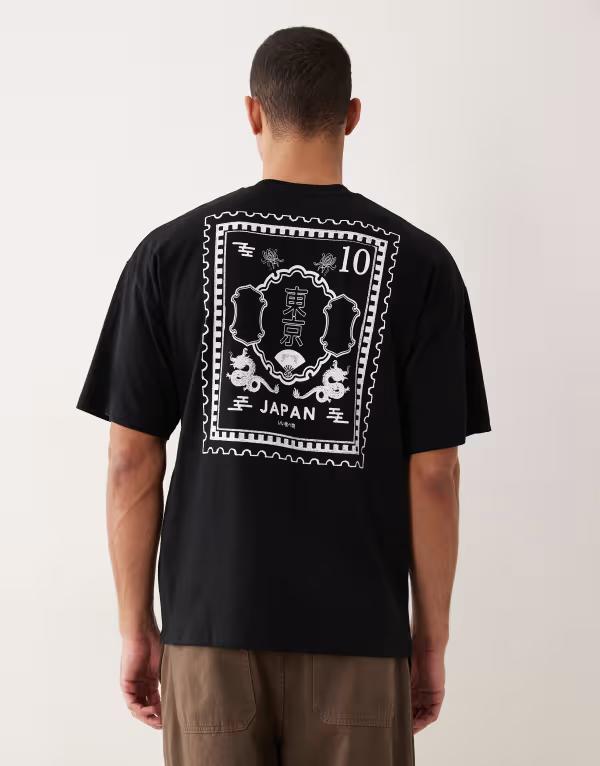 セレクテッドオム メンズ トップス Tシャツ プリント Selected Homme Selected oversized t-shirt with Japan stamp back print Black ブラック