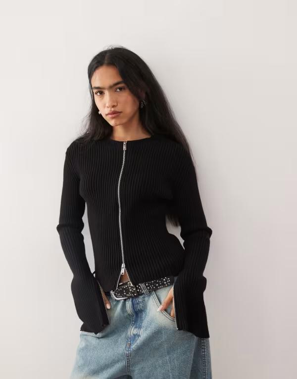 ウィークデイ レディース アウター カーディガン Weekday fitted zip up cardigan with sleeve zip detailing Black ブラック