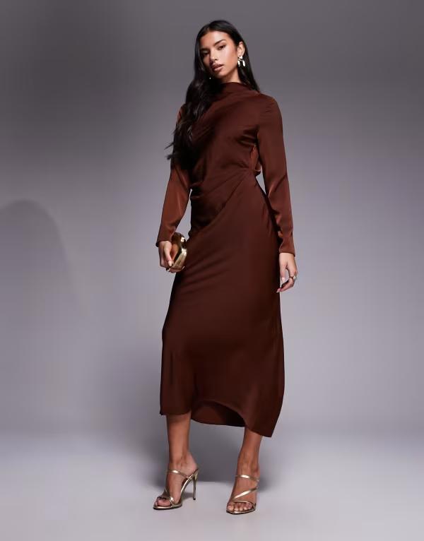 エイソス レディース トップス ワンピース ハイネック プリーツ ミディ ASOS DESIGN long sleeve high neck pleated bodice midi dress Chocolate チョコレート