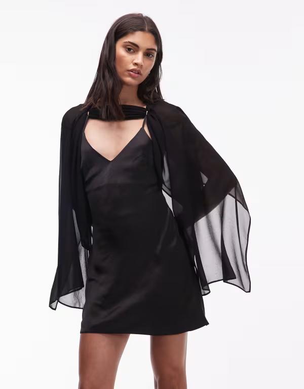 エイソス レディース トップス ワンピース ケープデザイン ミニ オーバーレイ キャップ ケープ ASOS DESIGN cape overlay mini dress Black ブラック