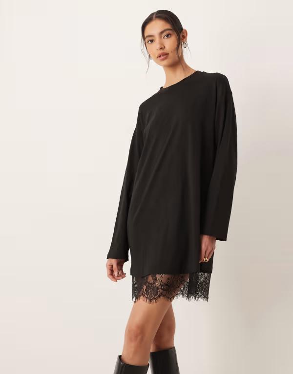 エイソス レディース トップス ワンピース レーストリム Tシャツ レース ASOS DESIGN long sleeved T-shirt dress with lace trim Black ブラック