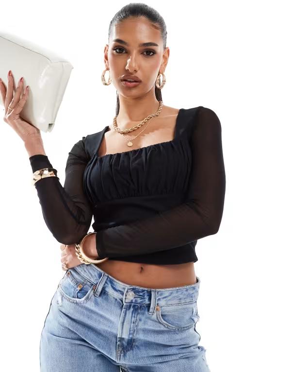 エイソス レディース トップス シャツ メッシュ ASOS DESIGN square neck top with mesh sleeve Black ブラック