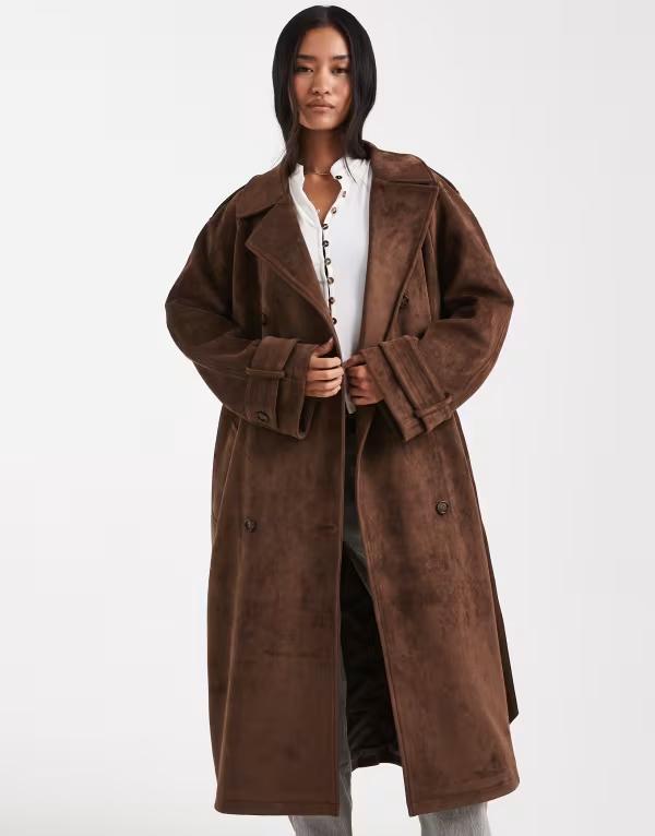 ミスセルフフリッジ レディース アウター 厚地の外套 スエードクロス Misselfridge suedette trench coat インチ chocolate 黒茶