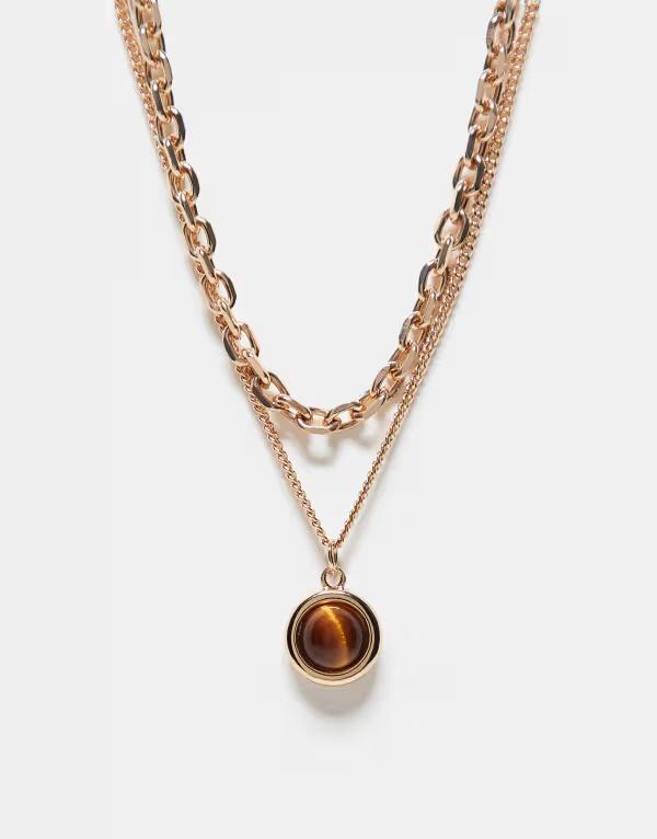 リクレイム ヴィンテージ レディース アクセサリー ネックレス・チョーカー・ペンダントトップ レース Reclaimed Vintage unisex tiger eye 2 row necklace Gold ゴールド