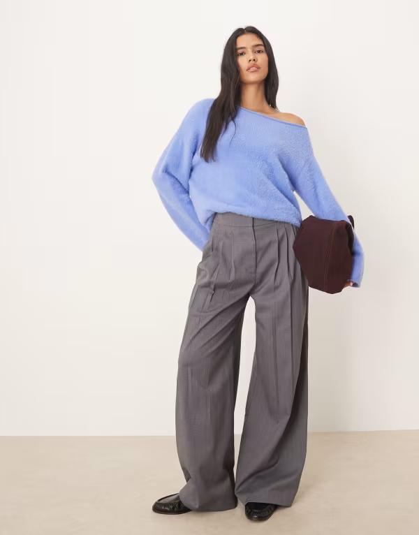 エイソス レディース アウター ニット・セーター ASOS DESIGN eyelash knit off the shoulder sweater Baby Blue ブルー