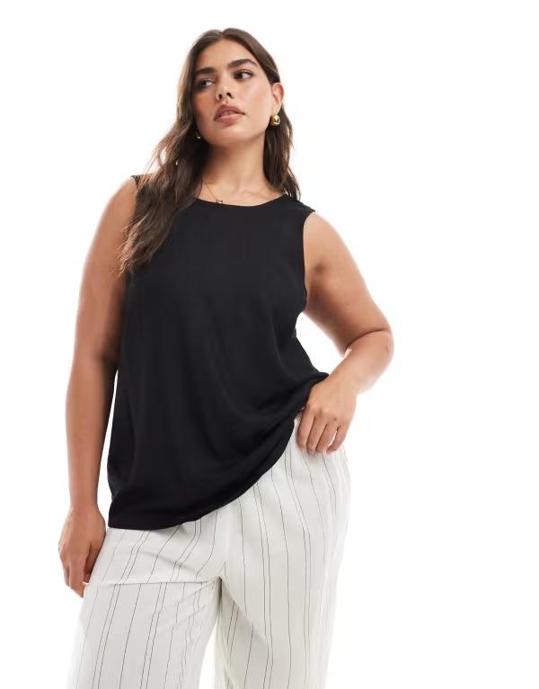 エイソス レディース トップス シャツ リネン ASOS Curve ASOS DESIGN Curve linen blend tank top with scoop back Black ブラック