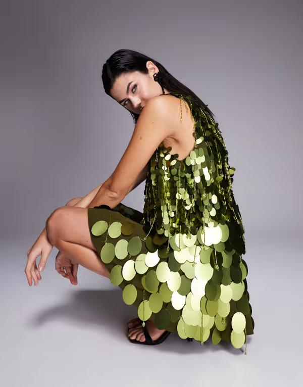 エイソス レディース トップス ワンピース ミニ ASOS DESIGN dropped slouchy waist embellished mini dress GREEN グリーン