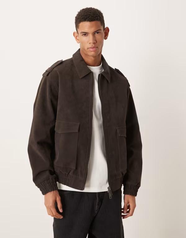 エイソス メンズ アウター ジャケット・ブルゾン スエード ASOS DESIGN bomber jacket in faux suede BROWN ブラウン