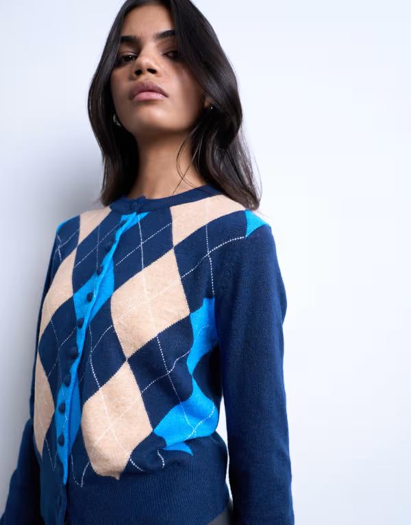 トップショップ レディース アウター カーディガン ニット Topshop knit fine argyle cardiganavy ネイビー｜ReVida 店