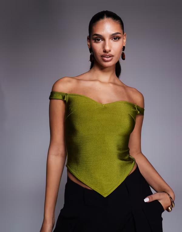 エイソス レディース トップス シャツ アシンメトリー ASOS DESIGN bandage off shoulder top with asymmetric hem Green グリーン