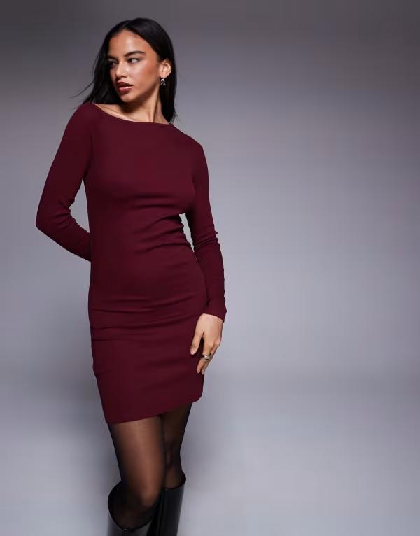 エイソス レディース トップス ワンピース リブ ミニ ASOS DESIGN ribbed long sleeve slit front mini dress Burgundy バーガンディ｜ReVida 店