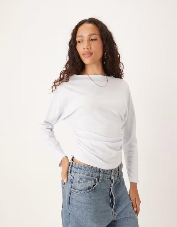 エイソス レディース トップス シャツ ドレープ ASOS DESIGN batwing cinched slash neck draped top LIGHT BLUE ブルー