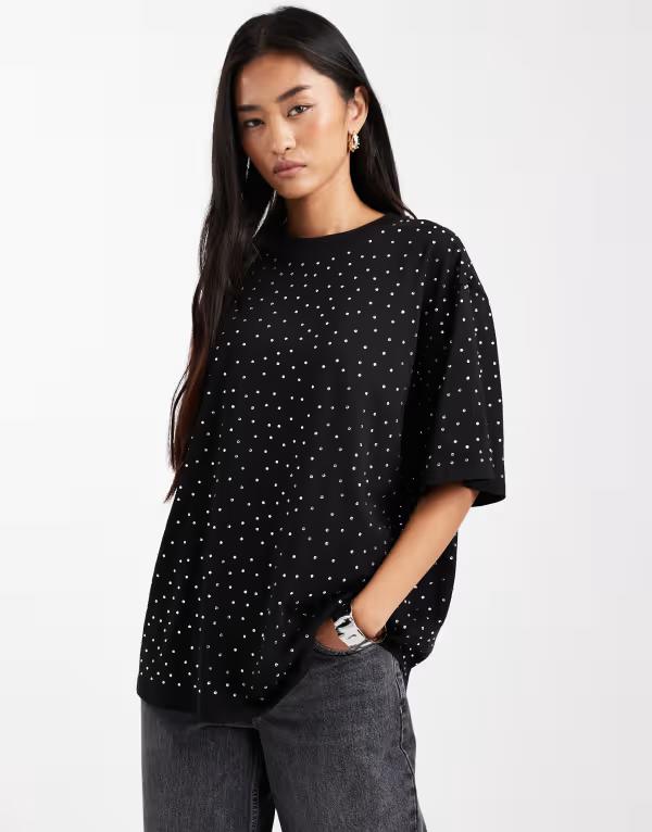 エイソス レディース トップス プルオーバー ASOS DESIGN silver studded oversized T-shirt SILVER STUD しろがね色