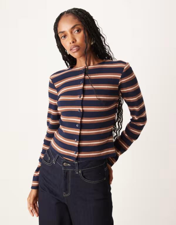 エイソス レディース トップス シャツ ASOS DESIGN brushed button up top stripes NAVY ネイビー