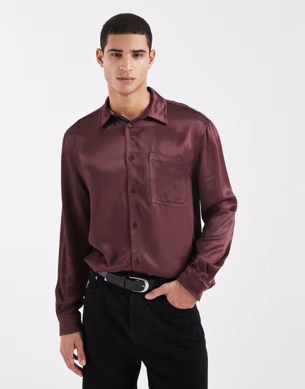 エイソス メンズ トップス プルオーバー 繻子 ASOS DESIGN relaxed satin shirt BROWN 赤銅色