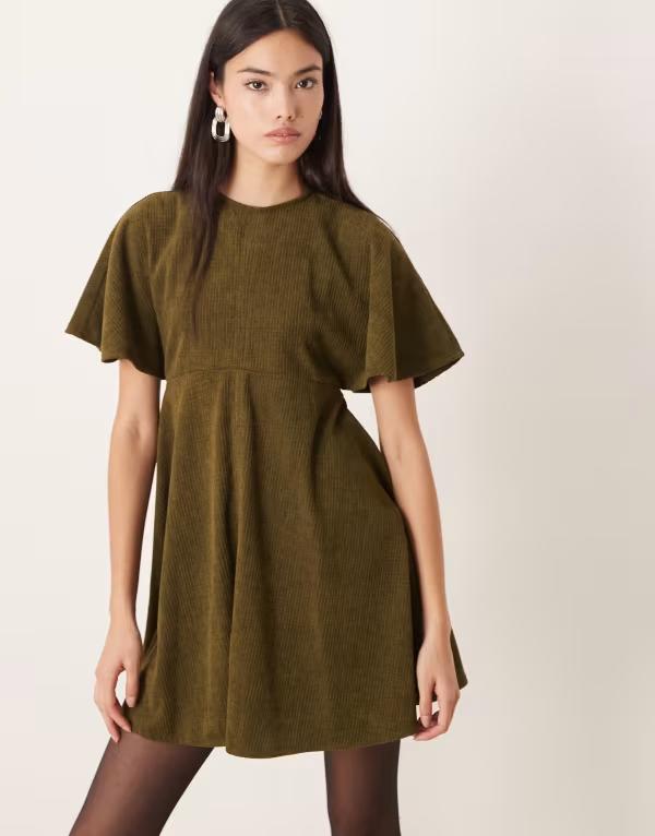 エイソス レディース トップス ワンピース ミニ Tシャツ ASOS DESIGN cord T-shirt mini dress with stitching detail in dark Green グリーン