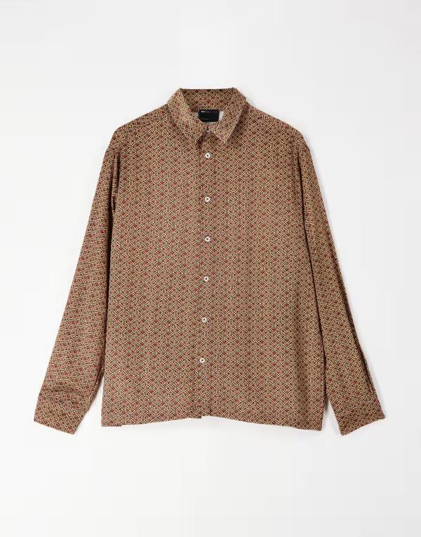 エイソス メンズ トップス プルオーバー 刷り上げる 繻子 ASOS DESIGN relaxed satin geo print shirt BROWN 赤銅色