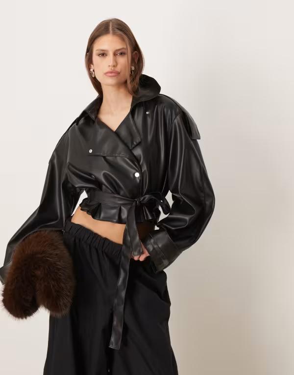 エイソス レディース アウター 上衣・上衣 クロップド なめし革 フェイクレザー ASOS DESIGN faux leather trench cropped jacket Black 黒いこと