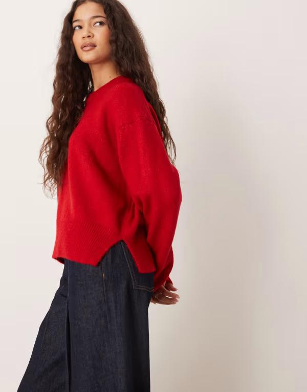 エイソス レディース アウター ニット・セーター サイドスリット クルーネック ASOS DESIGN boxy crew neck sweater with side slit detailing Red レッド