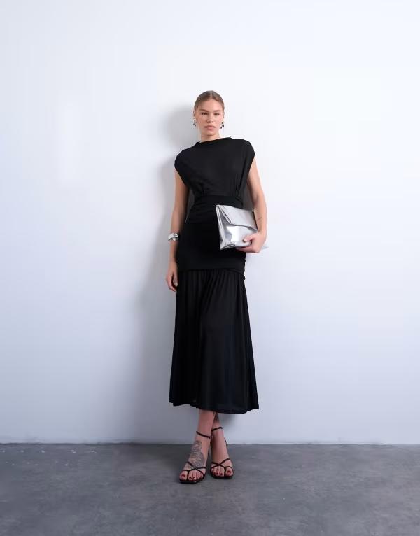 とっ始め販売店 レディース トップス 衣装 ハイネック ギャザー マキシ Topshop high neck ruched maxi dress Black 黒いこと