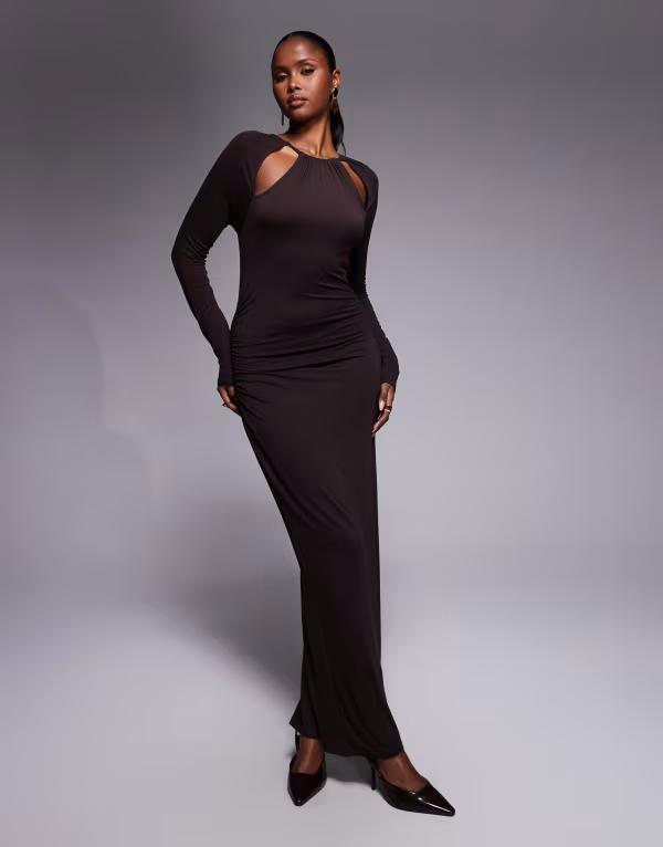 エイソス レディース トップス 衣装 カットアウト ドレープ midi ASOS DESIGN long sleeve cut out neck drape MIDI dress インチ chocolate 黒茶