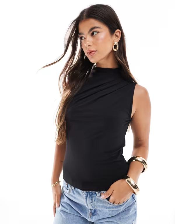 ピーシーズ レディース トップス Tシャツ ドレープ ノースリーブ Pieces drape neck sleeveless top Black ブラック