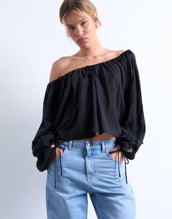 トップショップ レディース トップス タンクトップ タイディテール ブラウス Topshop long sleeve tie detail trapeze blouse Black ブラック