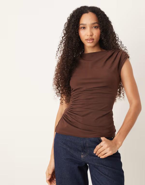 エイソス レディース トップス シャツ ギャザー コットン ASOS DESIGN cotton ruched tank top in chocolate Brown ブラウン