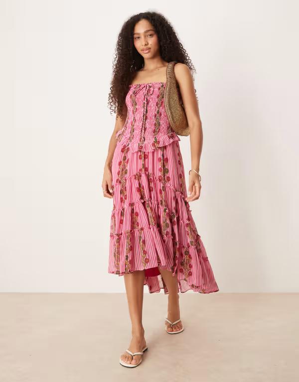 フリーピープル レディース トップス 衣装 ギャザー フラウンス midi Free People ruched ruffle MIDI dress インチ hot pink combo HOT PINK COMBO サクラ色