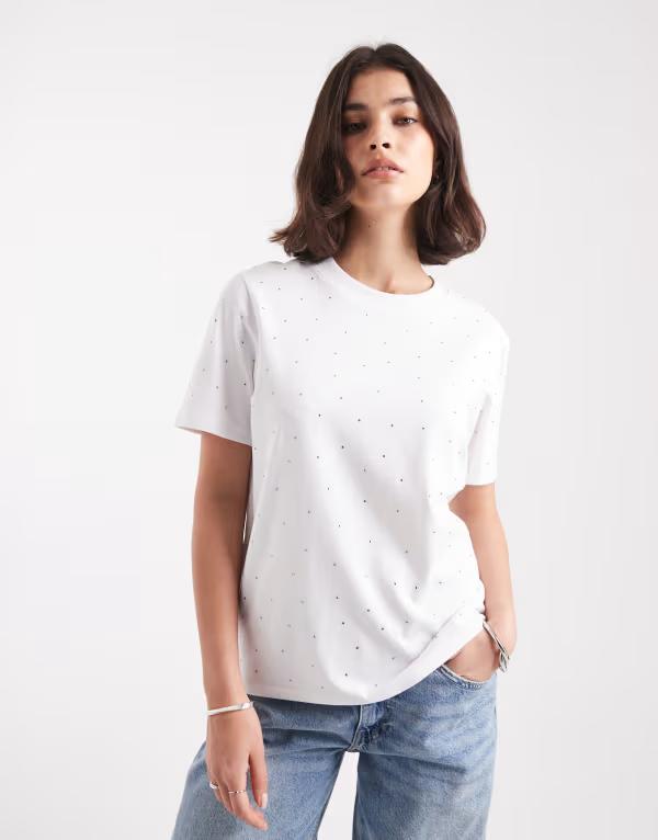オンリー レディース トップス Tシャツ ONLY boxy T-shirt with rhinestones WHITE ホワイト｜ReVida 店