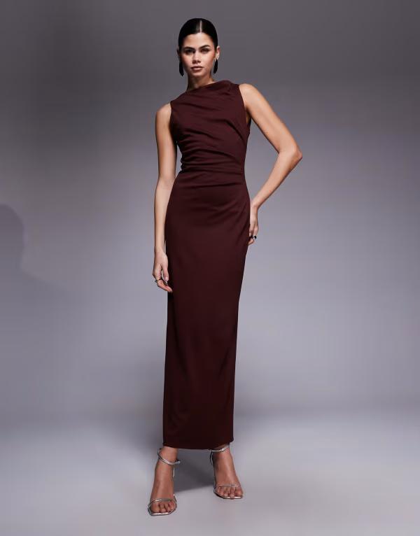 エイソス レディース トップス ワンピース ギャザー ミディ ASOS DESIGN slash neck ruched midi dress in chocolate チョコレート