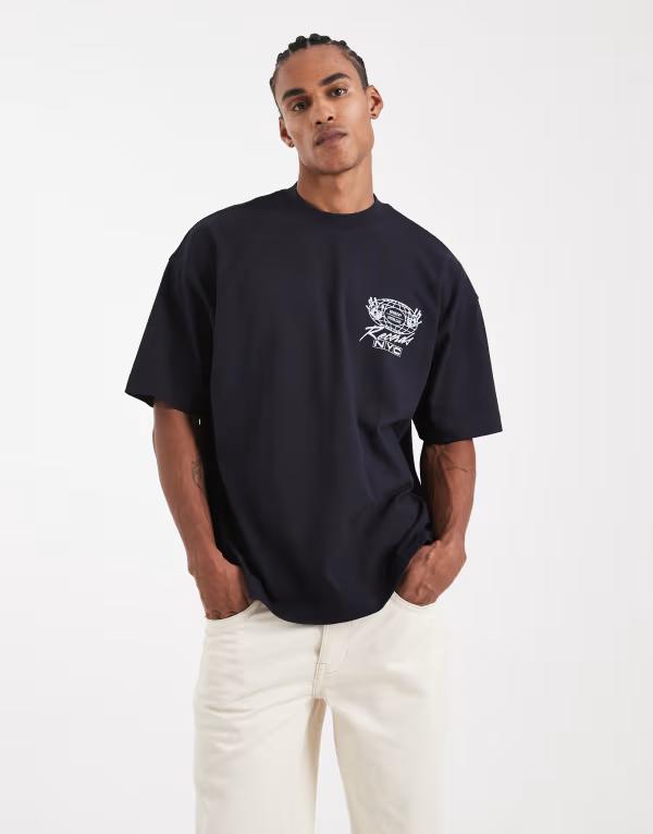 エイソス メンズ トップス Tシャツ グラフィック ASOS DESIGN Circular Design Collection super heavyweight oversized T-shirt with records graphic Deep well ネイビー